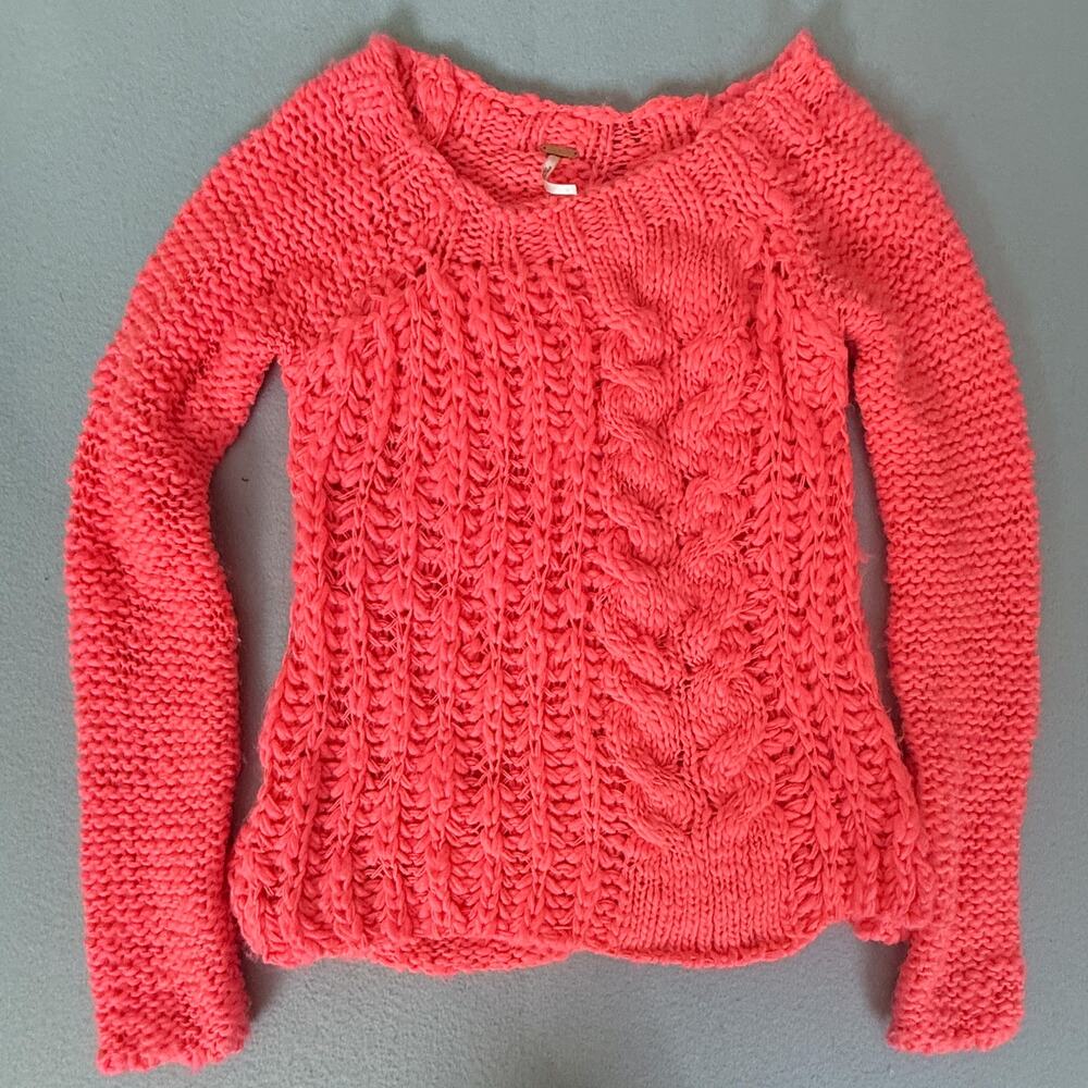 Free People Coral Neon Pink Chunky Cable Knit Sweater Wool Mohair Made Italy M
